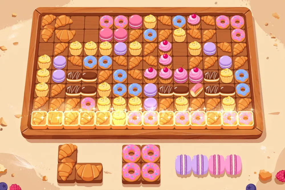 Sweet Tray — drag pastry pieces onto the tray, serve full rows and columns, chain combos